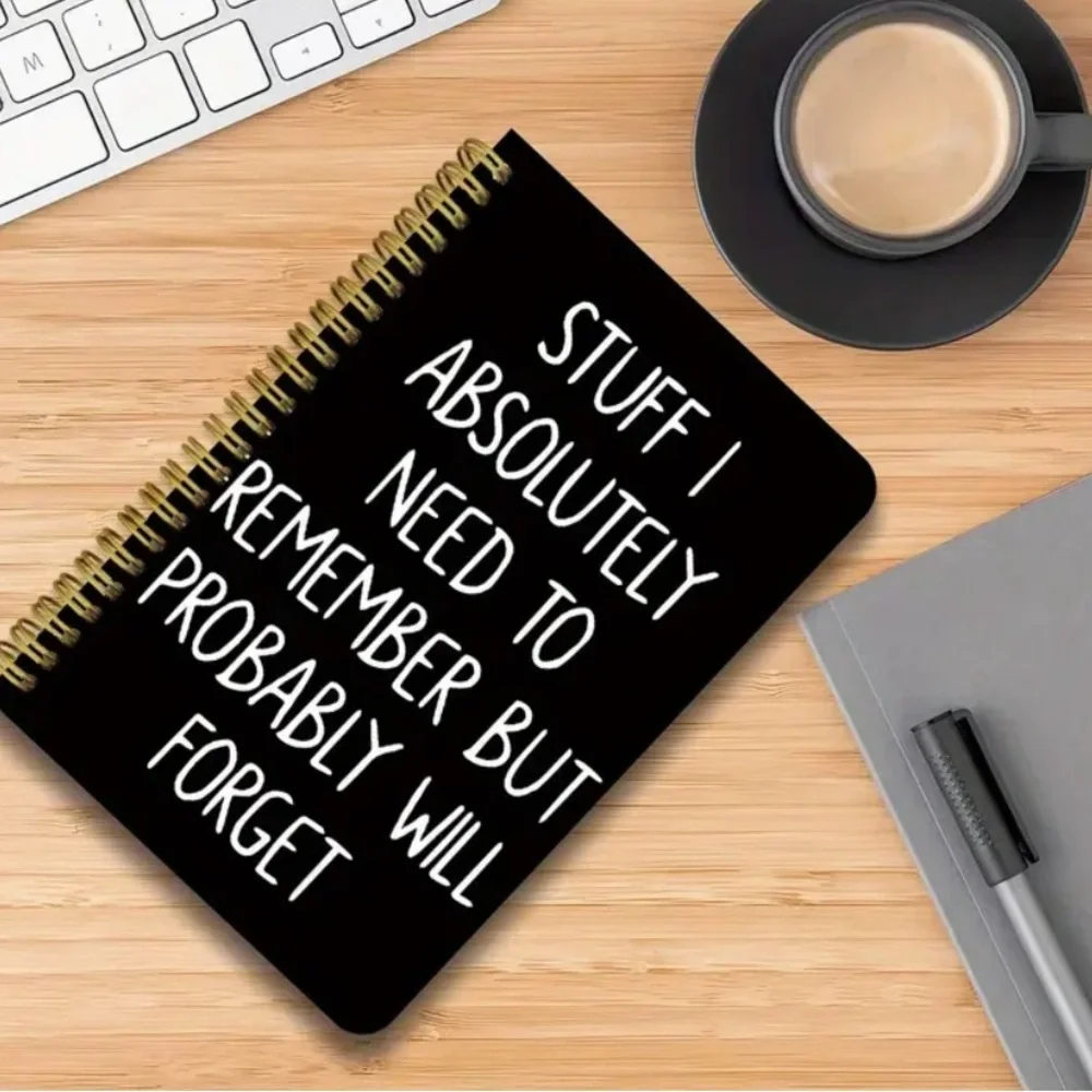 Black Spiral Notebook with White Text